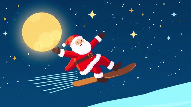 A happy Santa Claus rides a snowboard through snowy mountains on Christmas Eve, cartoon illustration style. The kind Santa is rushing to bring joy to children during the holidays