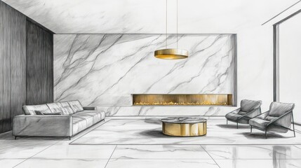 Modern living room interior design sketch, marble fireplace, comfortable seating