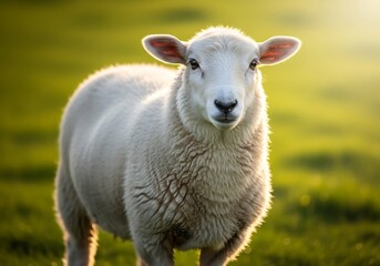 Obraz premium A white sheep with thick wool stands in a sunlit green field, looking directly at the viewer.