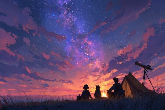 A serene night of stargazing and camping under a vibrant galaxy sky.