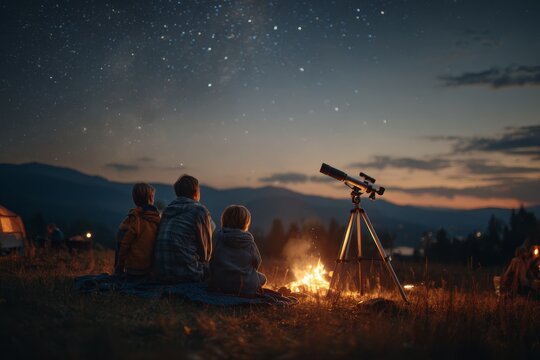 Stargazing at the starry night sky with a telescope and warm campfire.