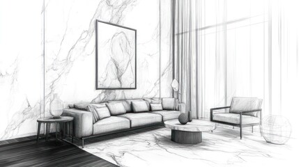 Living room design sketch with sofa and art on a marble wall, potential use in arch
