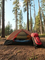 A vibrant tent stands pitched on forest floor with a red backpack resting beside it, beneath a canopy of towe trees on a sunny backpacking trip outdoors.