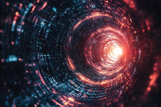 A mesmerizing digital tunnel of light, pulsating with intricate blue and red data streams, leading towards a bright, unknown future. Abstract technological journey.