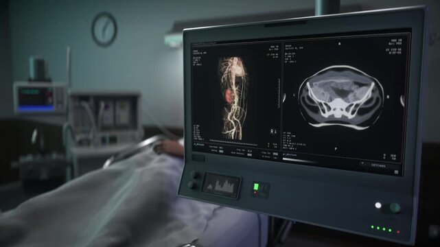 Scanning the injured organs of the emergency patient at the healthcare center. Scanning the injured organs using X-ray. Medical Scanner detects dangerous injuries in the patients organs.