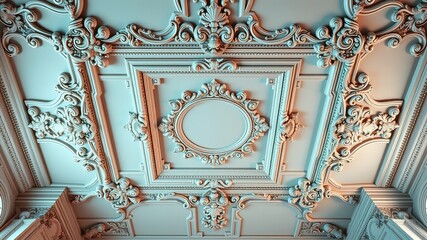 An ornate plaster ceiling showcases elaborate baroque designs and architectural details with decorative molding in an opulent and luxurious interior setting.
