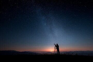 Silhouette of an astronomer observing the mesmerizing starry night sky.