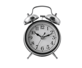 Classic silver alarm clock on a black background displaying time in a monochrome minimalist style
