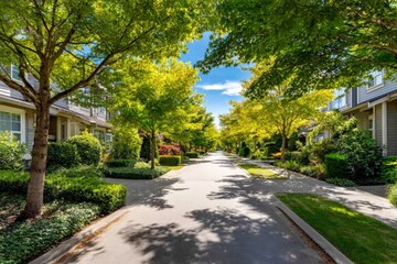 Obraz premium Lush greenery lines a charming residential street on a sunny day