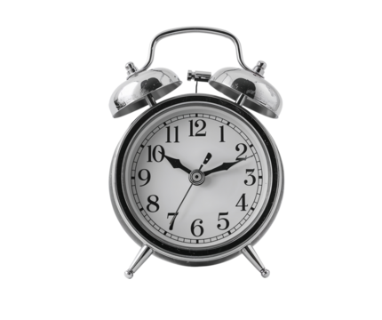 Classic silver alarm clock on a black background displaying time in a monochrome minimalist style