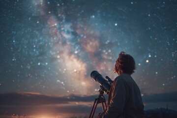 Fototapeta premium Stargazing: A person observes the Milky Way with a telescope at night.