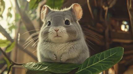 Chinchilla rests on branch in sunny nature setting for an animal or pet product