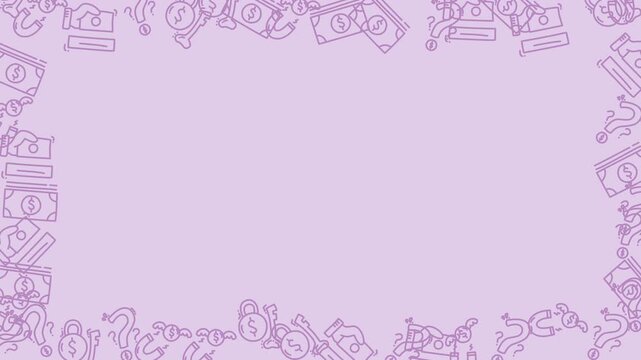 Money and finance doodle border on light purple background with central copy space, economic concept