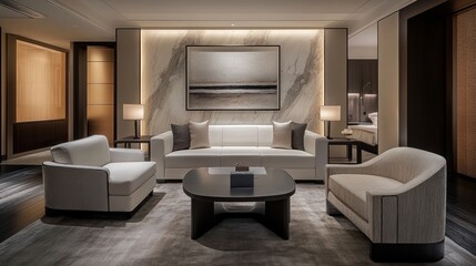 Luxurious hotel suite living room, elegant interior design