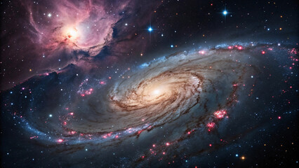 Spiral galaxy with bright core, pink star-forming regions, blue spiral arms, dark dust lanes, and surrounding stars against deep space background.