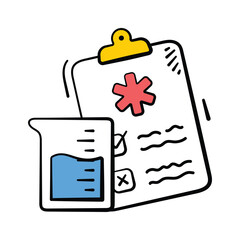 Hand drawn icon of blood report with test tube symbolizing diagnostics.