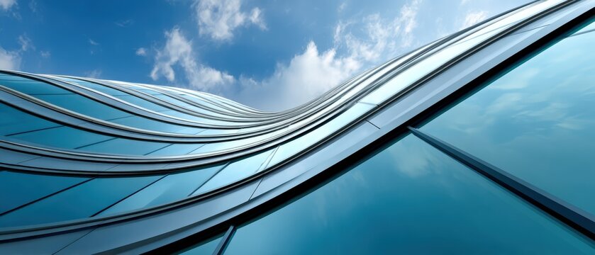 Modern architecture features wavy glass facade under blue sky