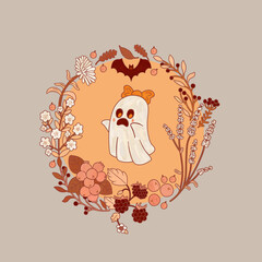 A ghost girl character in folk style in an autumn forest. Leaves, flowers, and berries. A circular illustration for a greeting card on a gray background.