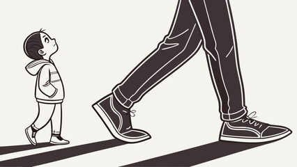 A childs hopeful gaze follows a parents stride illustrated in black and white