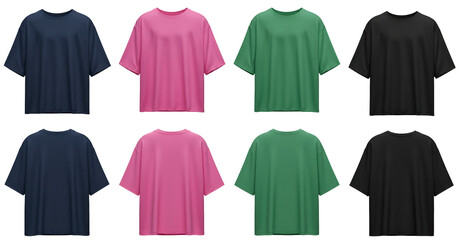 PNG Color Collection Set Of Front And Back Oversized Blank T-shirt Mockup Isolated On Transparent Background