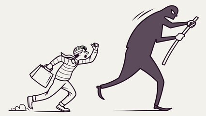 Fototapeta premium Cartoon depiction of a thief chasing a frightened man with a shopping bag