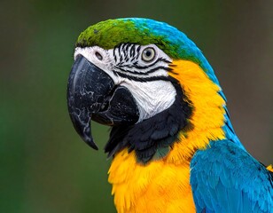 A vibrant parrot portrait showcasing blue, gold, and green plumage