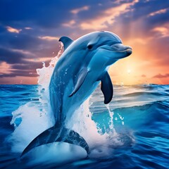 Naklejka premium A Majestic Dolphin Leaping from the Ocean at Sunset
