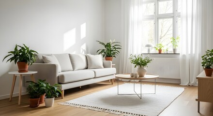 Relax in this bright, modern living room with cozy sofa and fresh plants for a calm, inviting vibe