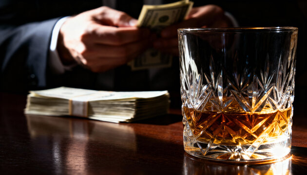 Close-up of whiskey glass on wooden table with man counting money in background under dramatic lighting