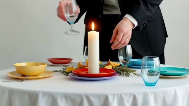 Elegant table setting with candlelit centerpiece and colorful dinnerware
