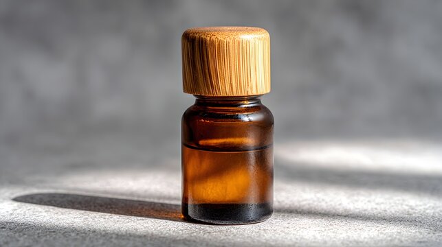 Amber glass vial with wooden cap holds amber liquid.