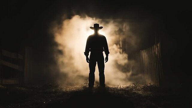 A silhouetted figure in a cowboy hat stands in front of a misty, sunlit doorway