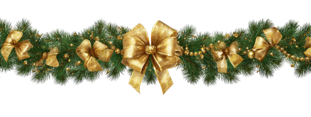 Festive garland of pine branches adorned with golden bows and sparkling beads on a black background