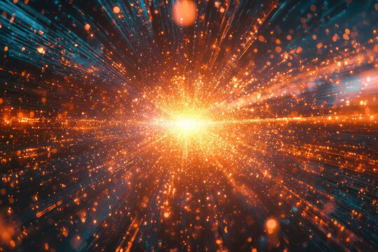 Energetic burst of glowing particles and light streaks radiate from a central point, symbolizing data, energy, or cosmic expansion.