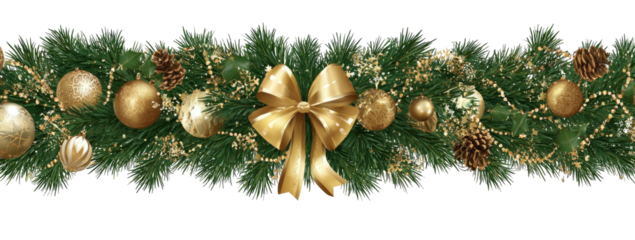Festive Christmas garland featuring lush green foliage, golden ornaments, and a decorative bow