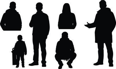 Silhouette collection of people in casual winter clothing including man woman and child standing sitting and walking vector illustration