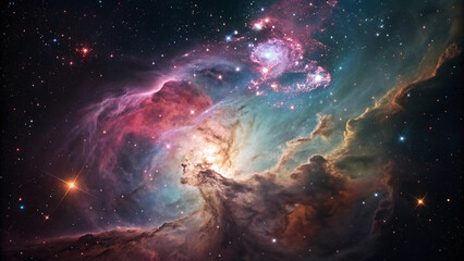 Obraz premium Stunning space nebula photograph showing swirling pink, blue, purple, and golden clouds with bright stars scattered throughout deep cosmic darkness creating ethereal scene.