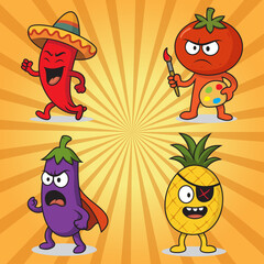Funny cartoon fruit and vegetable characters: chili, tomato, eggplant, and pineapple with unique expressions and accessories. Perfect for kids illustrations, mascot designs, and sticker packs.