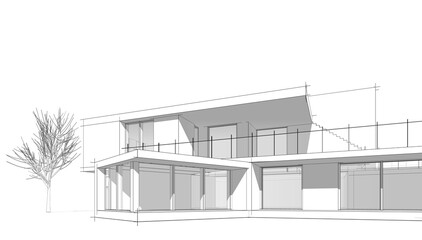 Architectural sketch of modern building 3d rendering