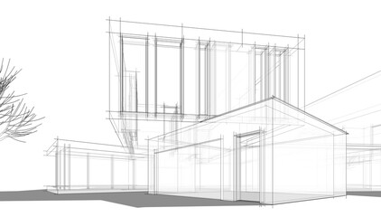 Architectural sketch of modern building 3d rendering
