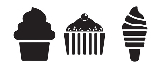 Cupcake Dessert Icons – Simple Black and White Bakery Vector Set