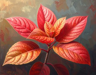 A vibrant artistic depiction of a plant with autumnal red leaves