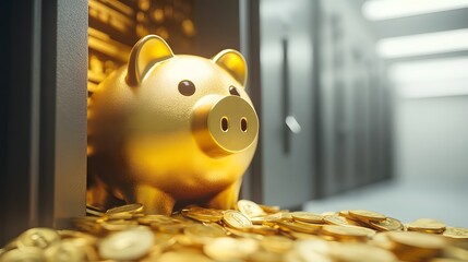A golden piggybank breaking open to reveal a wealth of coins inside