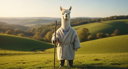 Wise Llama in Robe with Staff Standing in Green Rolling Hills Landscape.