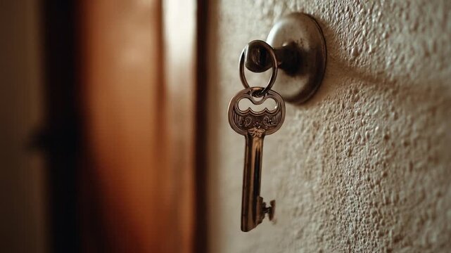 Close up of a key in a door lock against textured wall