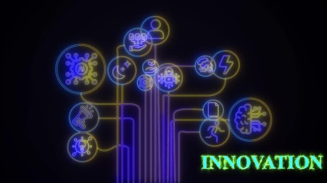 Innovation strategy concept. Marketing and brand management. Marketing strategy and thinking the look and feel of brand . Glowing neon line of branding icon. black background wk video. See Less