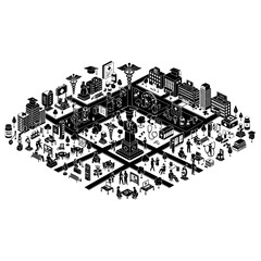 Intricate isometric diagram of a stylized cityscape featuring diverse architectural styles and human figures engaged in daily activities symbolizing urban life and community vector