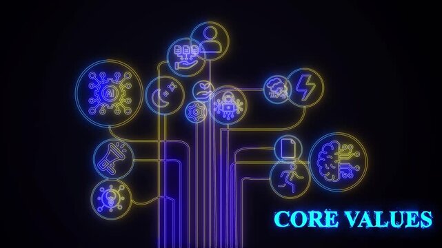 Core values strategy concept. Marketing and brand management. Marketing strategy and thinking the look and feel of brand . Glowing neon line of branding icon. black background wk video. See Less
