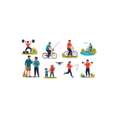 Fototapeta premium Diverse Outdoor Activities - Weightlifting, Fishing, Cycling, Running, and Family Fun.