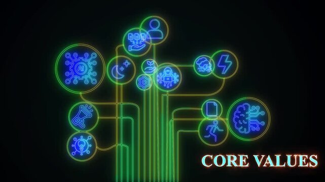 Core values strategy concept. Marketing and brand management. Marketing strategy and thinking the look and feel of brand . Glowing neon line of branding icon. black background wk video. See Less